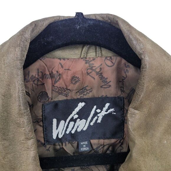 Rare Vintage 80s Winlit Army Green Leather Bomber Jacket M Raglan Belted - Picture 15 of 16